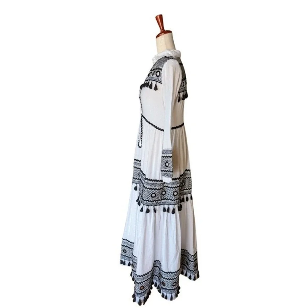 DODO Bar Or  White Black Embroidered Tassel Mirror Maxi Dress‎ Womens S Cotton - Picture 4 of 9